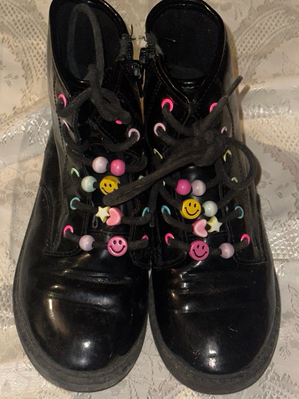 Kids Black Patent Lace-Up Boots with Multicolor Bead Charms